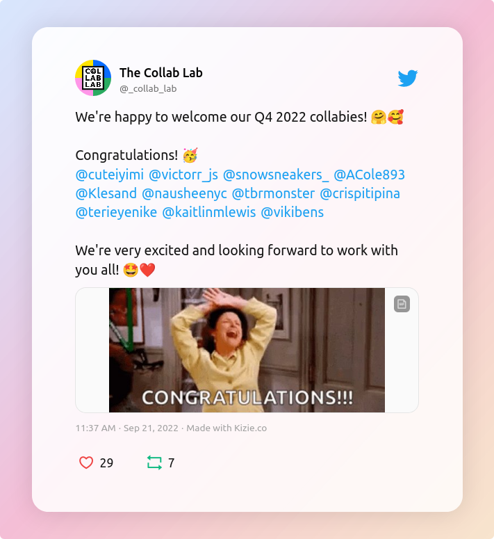 Collab Lab admission Tweet