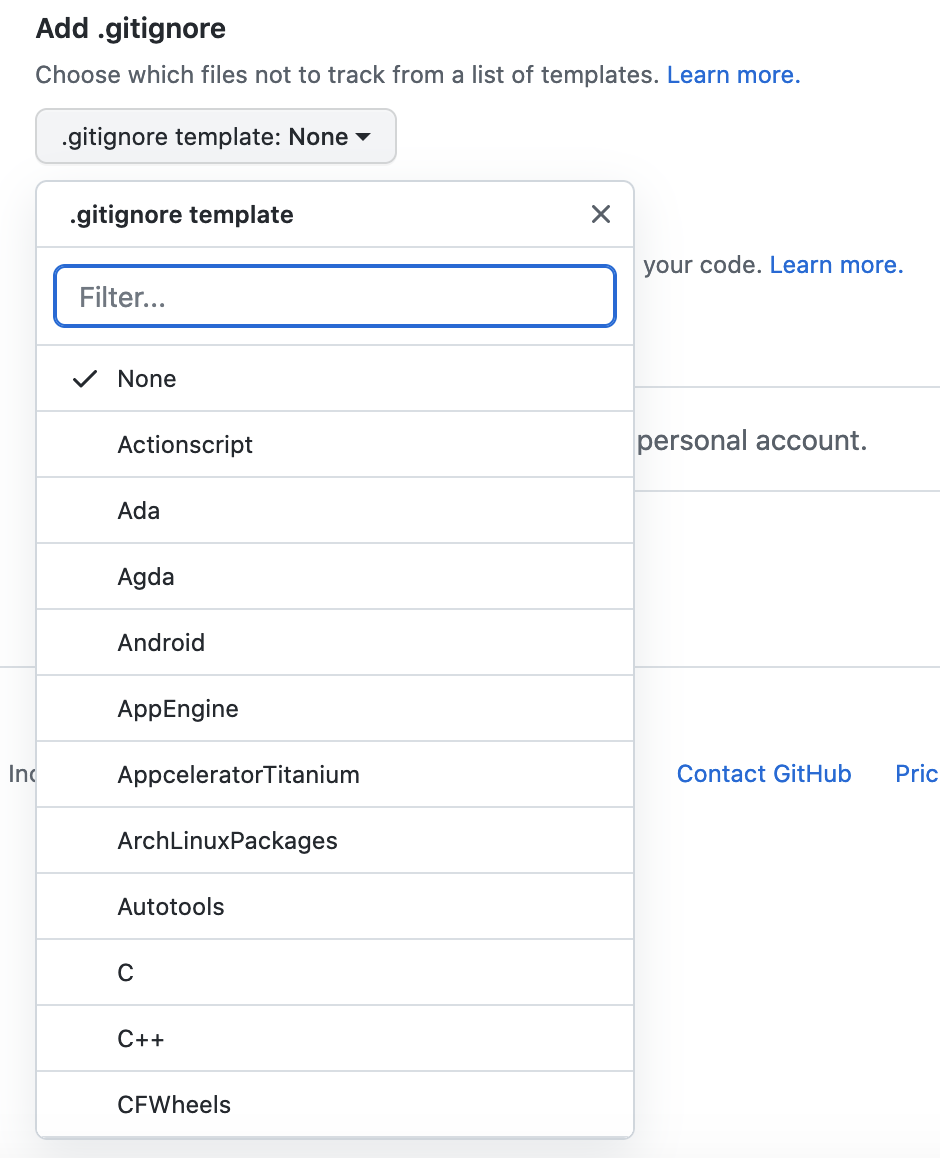 Gitignore template on GitHub